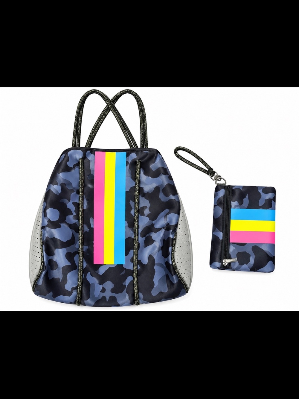 Navy Camo Drawstring Backpack with Neon Stripe and Wristlet